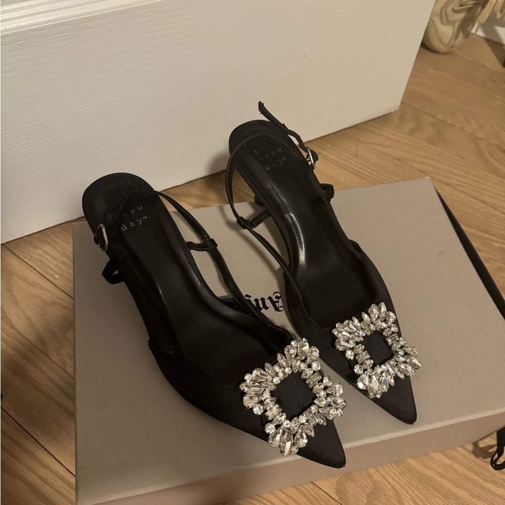 Elegant Black Slingback Heels with Embellished Buckle